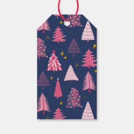 Etiqueta Para Presente Padrão de Árvore de Natal Azul e Rosa