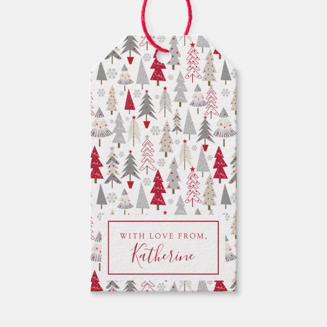 Etiqueta Para Presente Padrão de Árvore de Natal Feriado (Frente)