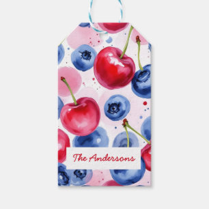 Etiqueta Para Presente Padrão de Berry de Cereja de Fruta Azul Vermelho