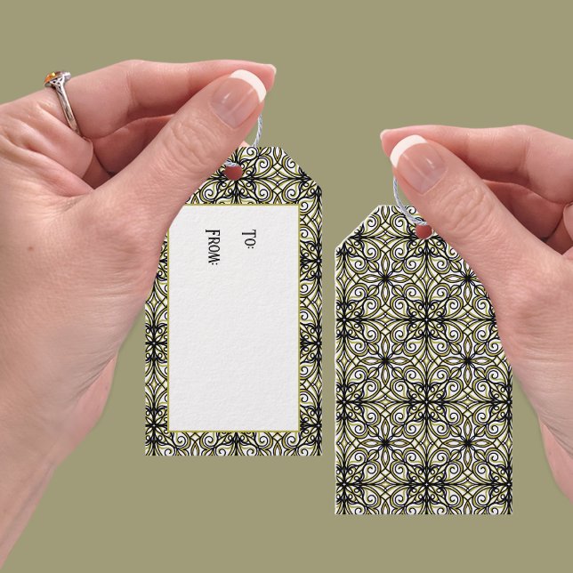 Etiqueta Para Presente Padrão de Filigrana Oleícola e Negra (Criador carregado)