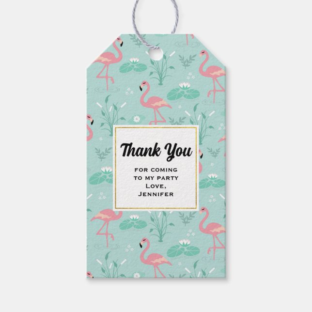 Etiqueta Para Presente Padrão de Flamingos Rosa Pastel Obrigado (Frente)