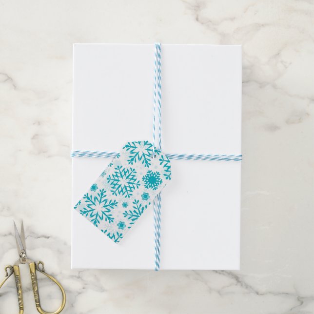 Etiqueta Para Presente Padrão de Floco de Neve Azul (Com cordão)