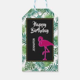 Etiqueta Para Presente Padrão de Folhas Tropicais e Aniversário Flamingo 