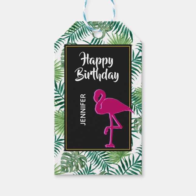 Etiqueta Para Presente Padrão de Folhas Tropicais e Aniversário Flamingo  (Frente)