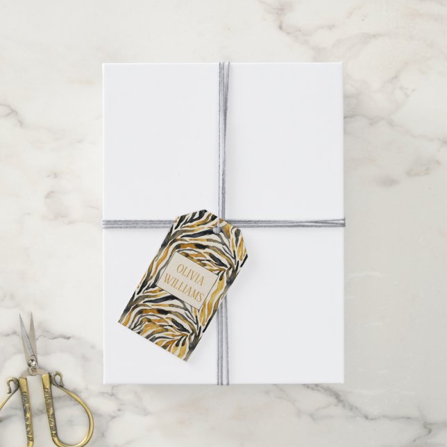Etiqueta Para Presente Padrão de Impressão Zebra Preto Dourado (Com cordão)