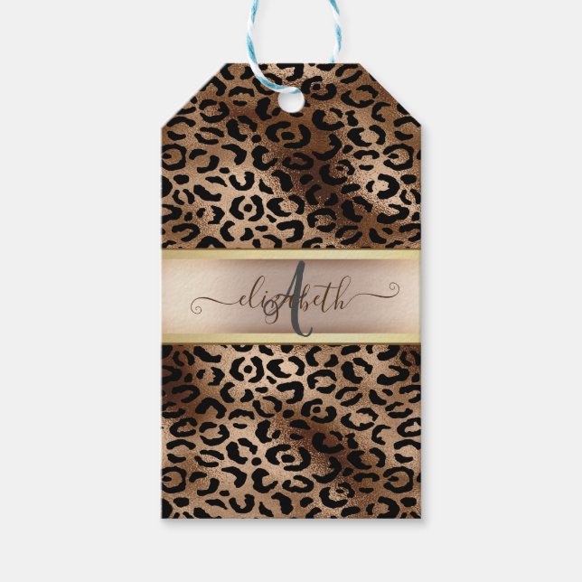 Etiqueta Para Presente Padrão de Leopardo Bronze Preto Monograma (Frente)