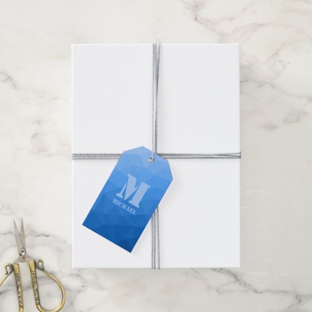 Etiqueta Para Presente Padrão de malha geométrica azul claro Monograma (Com cordão)