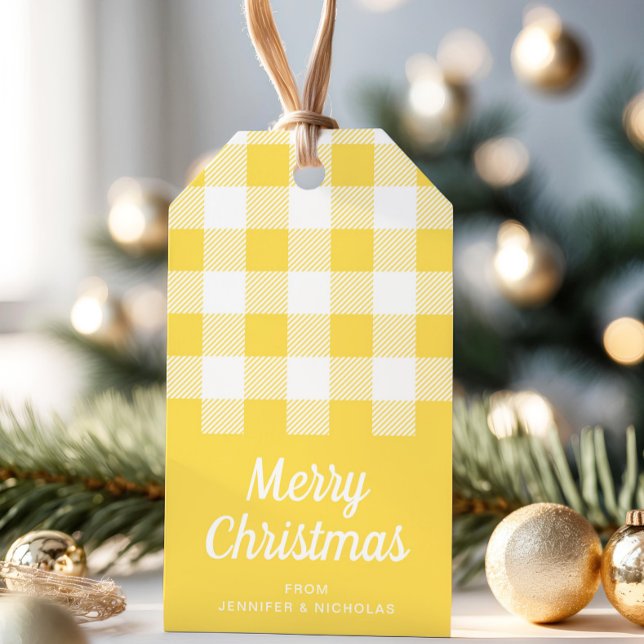Etiqueta Para Presente Padrão de Xadrez Amarelo Moderno Feliz Natal (Modern Yellow Plaid Pattern Merry Christmas Gift Tags)