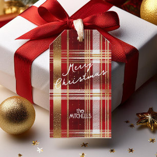 Etiqueta Para Presente Padrão Dourado de Natal Vermelho de Tartan nº 7 ID