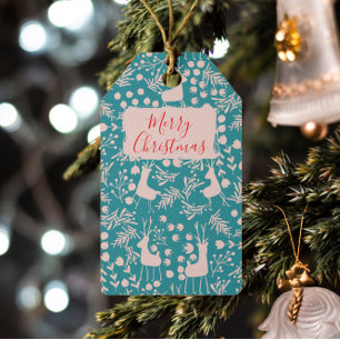 Etiqueta Para Presente Padrão Floral de Rena Nórdica Natal Rosa em Azul