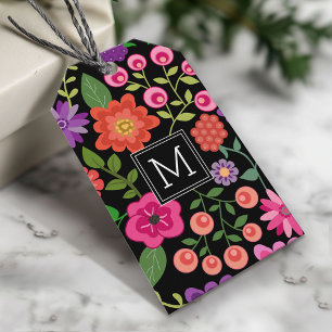 Etiqueta Para Presente Padrão Floral Preto Trendy com Monograma Personal