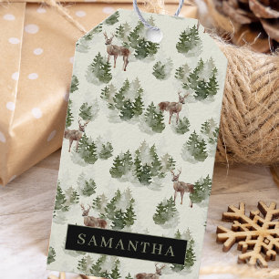 Etiqueta Para Presente Padrão Invisível da Floresta de Inverno da Aquar