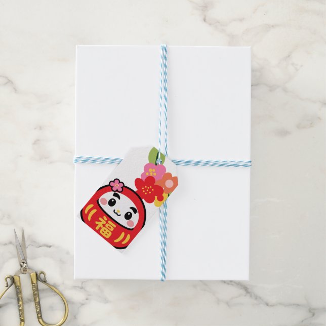 Etiqueta Para Presente padrão kawaii daruma (Com cordão)