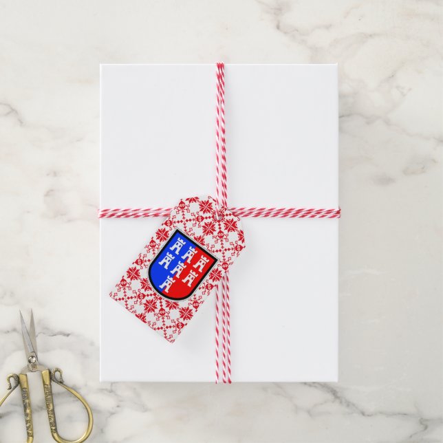 Etiqueta Para Presente Padrão Saxônia vermelho branco (Com cordão)
