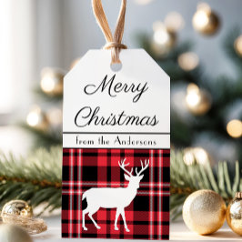 Etiqueta Para Presente Padrão Xadrez Vermelho Escocês de Natal Cervo