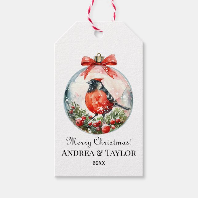 Etiqueta Para Presente Paisagem de inverno com pássaro vermelho (Frente)
