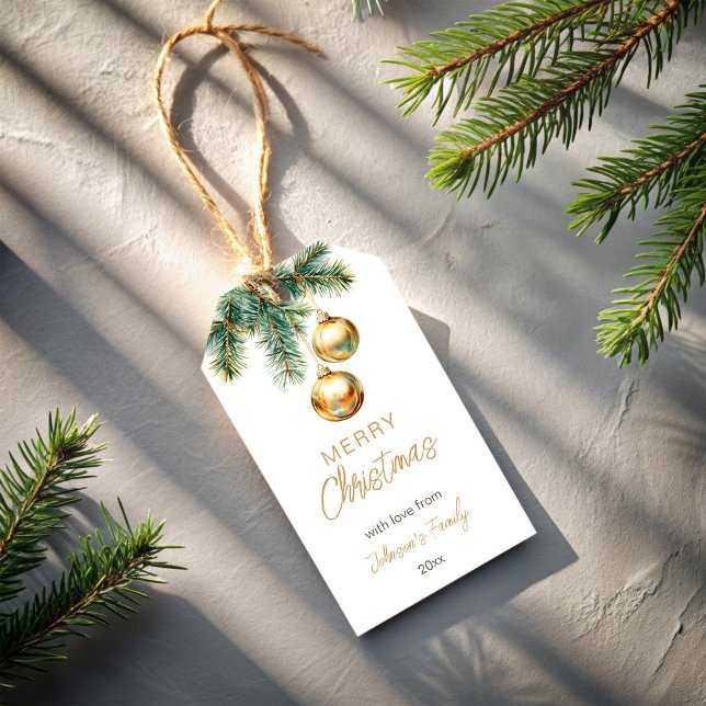 Etiqueta Para Presente Palhetas de ouro de Natal (Merry Christmas personalized gift tags gold baubles pines custom printed Christmas Gift Tags)
