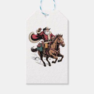 Etiqueta Para Presente Papai Noel Cowboy Cavalgando um Cavalo Natal