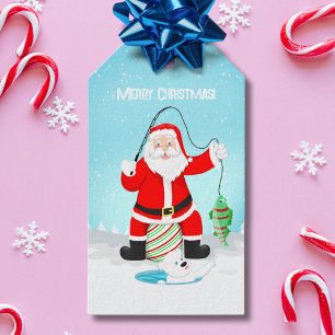 Etiqueta Para Presente Papai Noel Engraçado Pescando no Gelo com Urso Pol