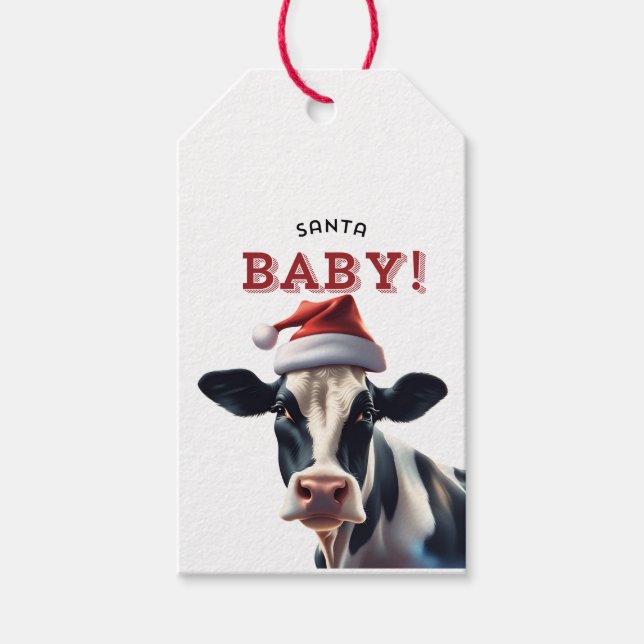 Etiqueta Para Presente Papais noeis engraçados Vaca Holstein de Natal (Frente)