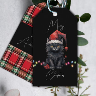 Etiqueta Para Presente Papais noeis Gatinho Feliz Natal Vermelho e Xadrez