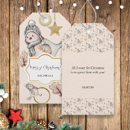 Etiqueta Para Presente Pardal de Neve de Inverno Aquarela Dourada