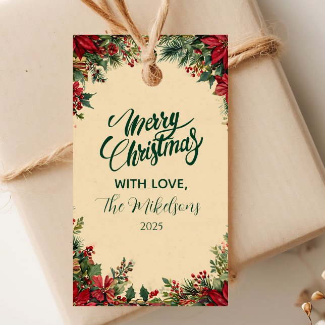 Etiqueta Para Presente Partido Rustic Red Poinsettia Feriado (Criador carregado)