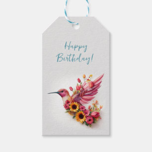 Etiqueta Para Presente Pássaro beija voando com flores Feliz Aniversário
