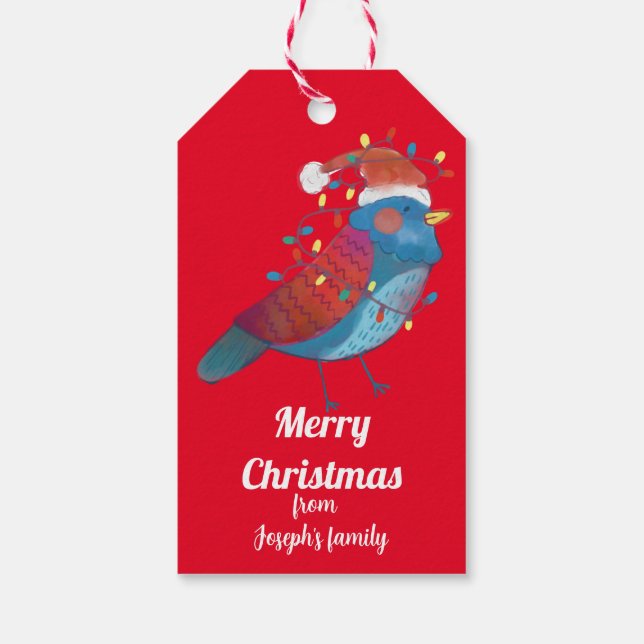 Etiqueta Para Presente Pássaro bonito com luzes de natal (Verso)