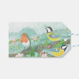 Etiqueta Para Presente Pássaros cantando em um galho de árvore florescent