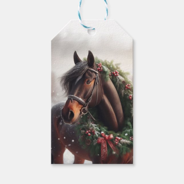 Etiqueta Para Presente Pasta de Neve Marrom Horse Wreath (Frente)
