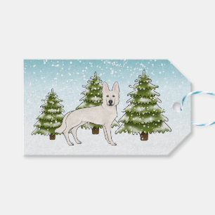 Etiqueta Para Presente Pastor Suíço Branco no Bosque de Inverno