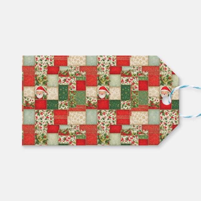 Etiqueta Para Presente Patches de Natal em Vermelho e Verde (Frente (horizontal))