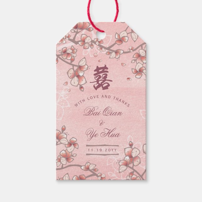 Etiqueta Para Presente Peach Blossoms Dupla Felicidade Casamento Chinês (Frente)