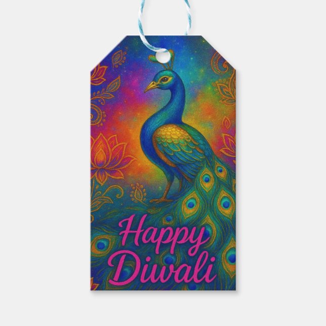 Etiqueta Para Presente Peacock Vibrante, Lotus & Elephant Happy Diwali (Frente)