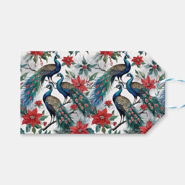 Etiqueta Para Presente Peacocks De Natal E Poinsettias (Frente (horizontal))