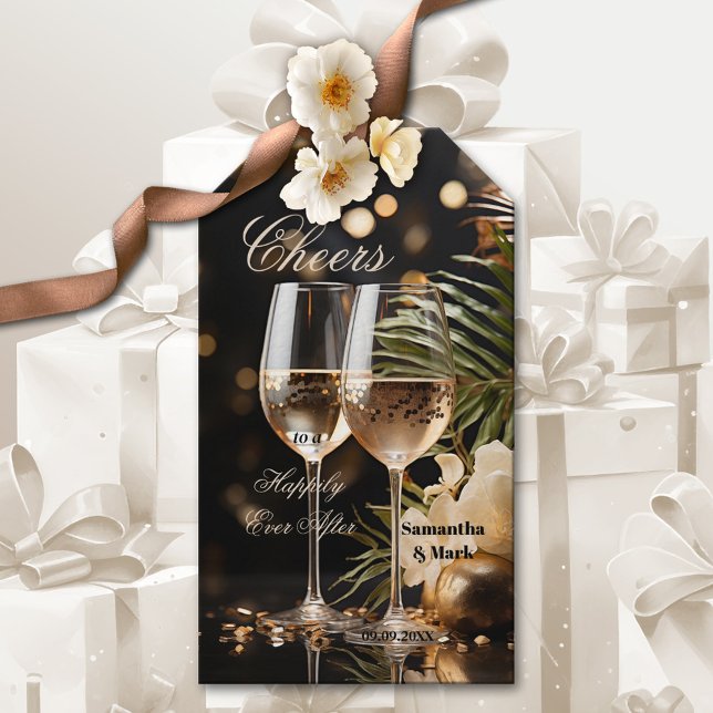 Etiqueta Para Presente Peças Estimulantes Saco de Presente Festivo (Elegant wedding gift tag featuring festive drinks with sparkling lights and flowers - newly weds)