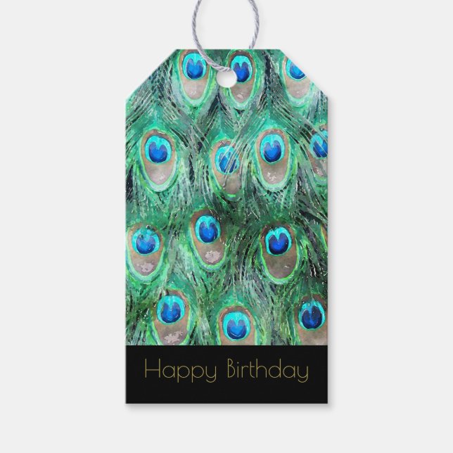 Etiqueta Para Presente Penas de Pavão Exóticas Feliz Aniversário (Frente)