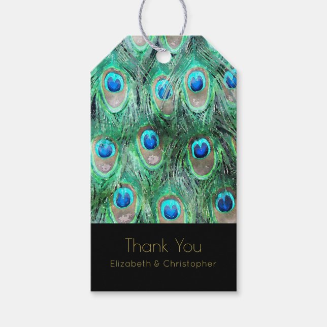 Etiqueta Para Presente Penas de Peacock Exóticas Obrigado (Frente)
