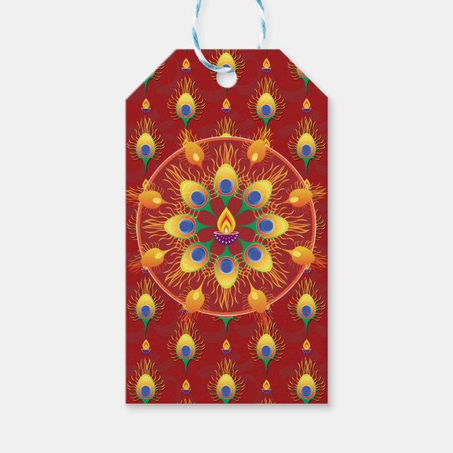 Etiqueta Para Presente Penas de Peacocks Rangoli em padrão (Frente)