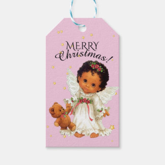 Etiqueta Para Presente Pequeno Anjo com Urso de Teddy no Natal Afrocêntri