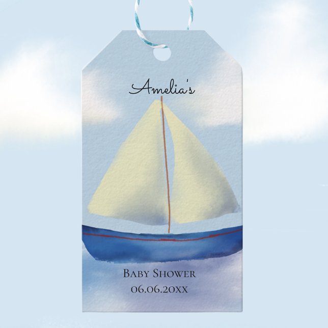 Etiqueta Para Presente Pequeno Chá de fraldas de vela azul (Whimsical baby shower favor tags with a nautical theme)