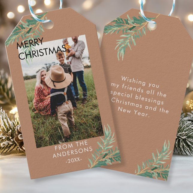Etiqueta Para Presente Personalisierte Photo Weihnachts- Geschenkanhänger (Personalized Photo, Leafy, Christmas Favor Tags. Your Name, Text & Photo.)