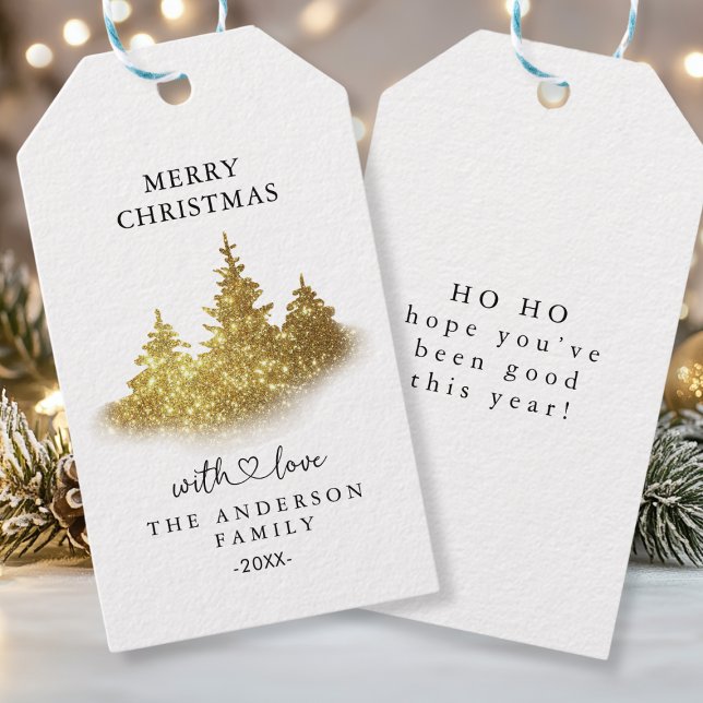 Etiqueta Para Presente Personalisierte Weihnachts- Geschenkanhänger (Custom, "MERRY CHRISTMAS", golden Christmas tree, illustration, script font, with your name/text.)