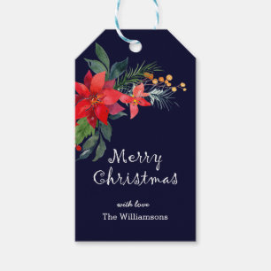 Etiqueta Para Presente Personalizar Aquarela Feliz Poinsettia de Natal