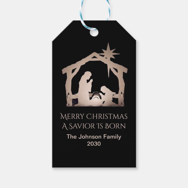 Etiqueta Para Presente Personalized Merry Christmas Gold Nativity  (Frente)
