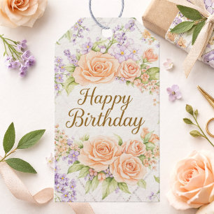 Etiqueta Para Presente Pêssego Rosas Casa Floral Feliz Aniversário