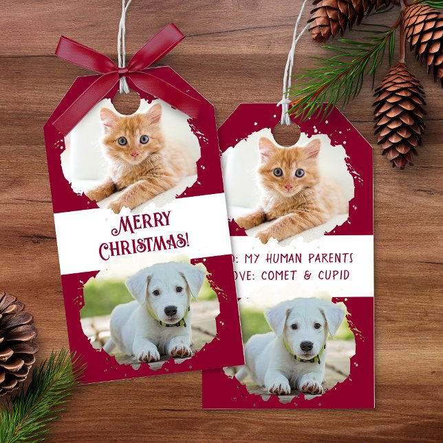 Etiqueta Para Presente Pet Lovers Personalizados Duas Fotografias Vermelh (Pet Lovers Personalized Two Photos Red Christmas Gift Tags)
