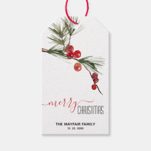 Etiqueta Para Presente Pine Sprig Red Berries Feliz Natal Editável