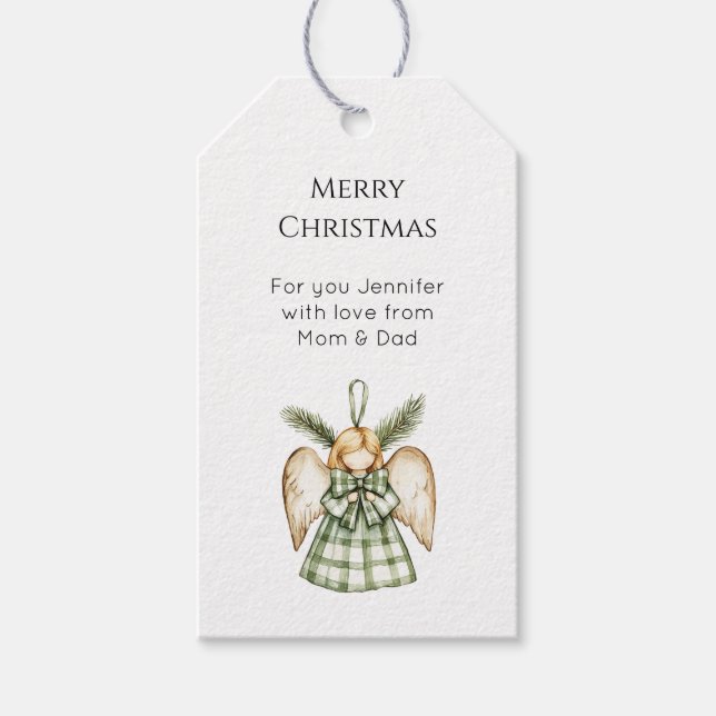 Etiqueta Para Presente Pine Tree Green Plaid Christmas Angel  (Frente)